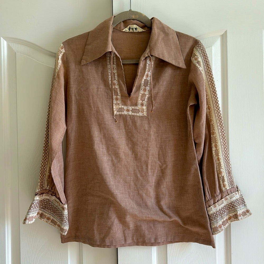 Vintage Peasant Blouse with V Neck and Embroidered Details